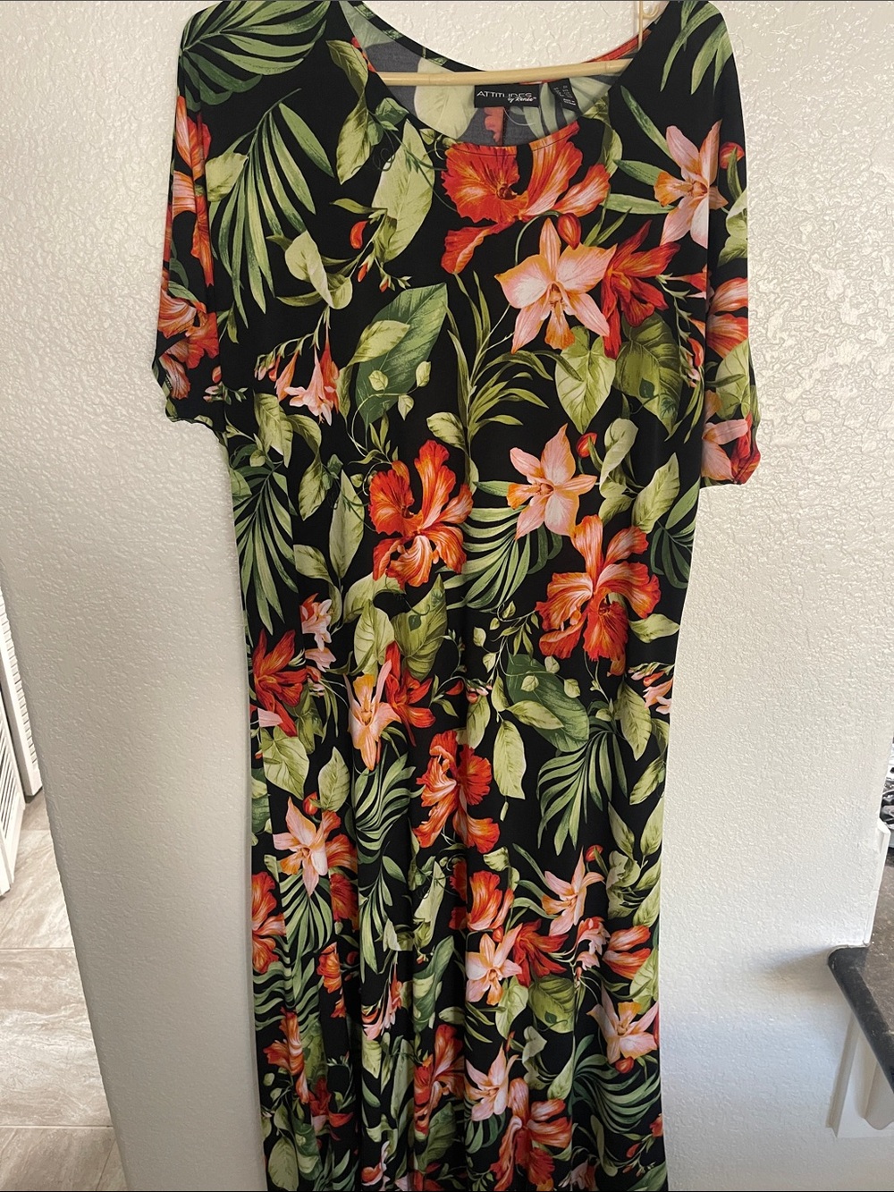 Avenue Black Maxi Dress with Coral and Green Tropical Floral Print